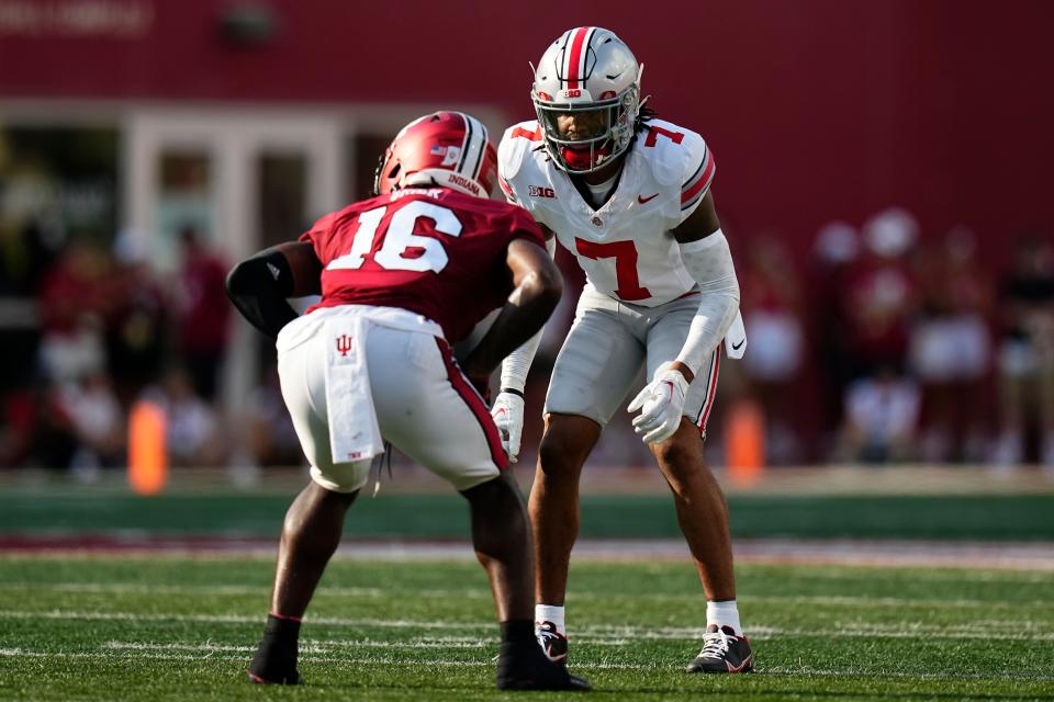 Ohio State cornerback Jordan Hancock lines up against Indiana.