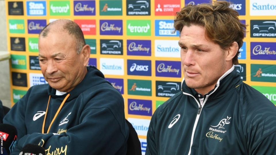 Eddie Jones with Michael Hooper during a news conference