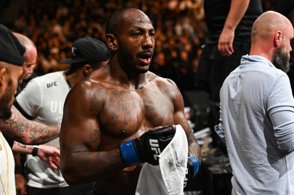 September 28, 2019; Copenhagen, DEN; (Editor's Note: Graphic Content) Khalil Rountree Jr. (blue gloves) reacts after a fight against Ion Cutelaba (not pictured) during UFC Fight Night at Royal Arena. Mandatory Credit: Per Haljestam-USA TODAY Sports