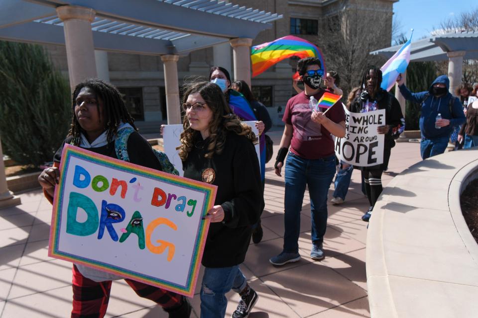 WT students march in protest Tuesday in opposition of the university president's comments about his cancelation of a drag show on the WT campus in Canyon, Texas.