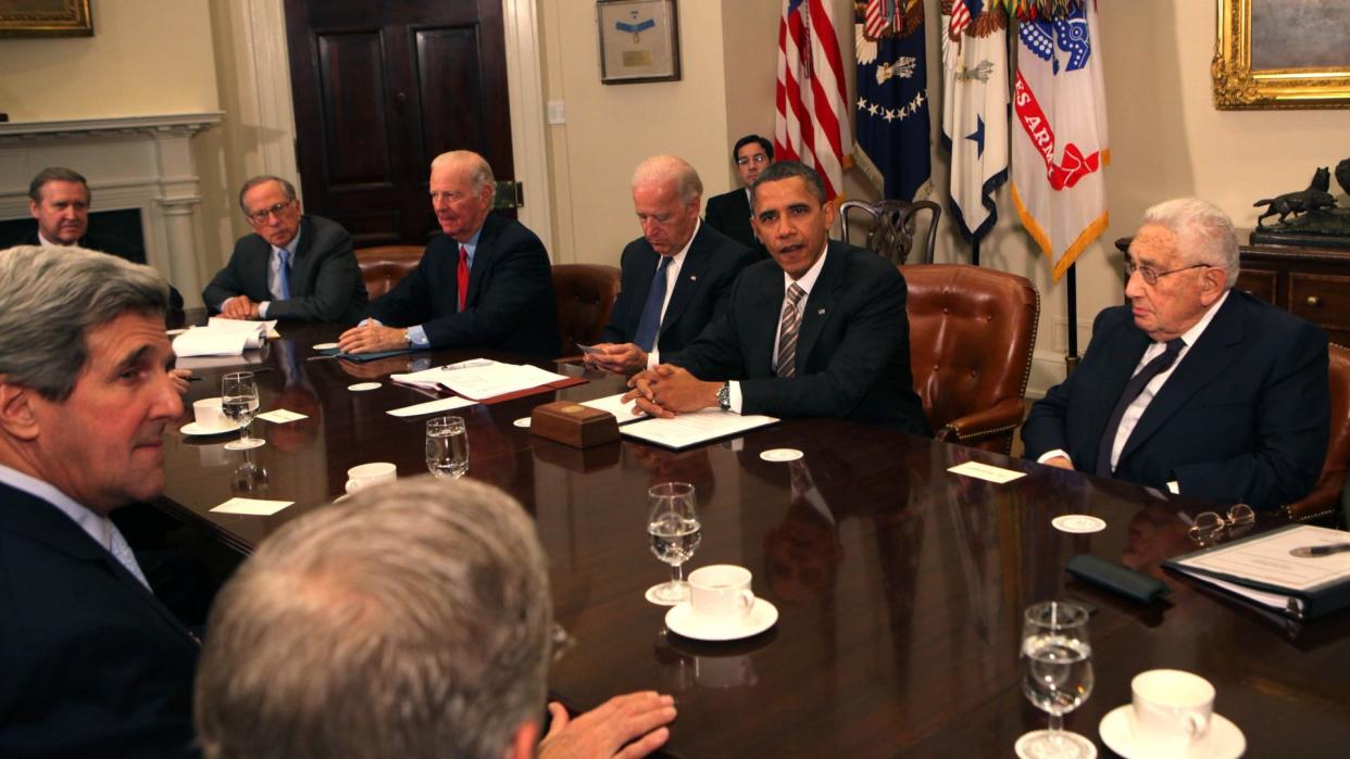 Mandatory Credit: Photo by Shutterstock (11032023b)United States President Barack Obama makes a statement during a meeting with present administration officials and former Secretaries of State and Defense in the Roosevelt Room of the White House.