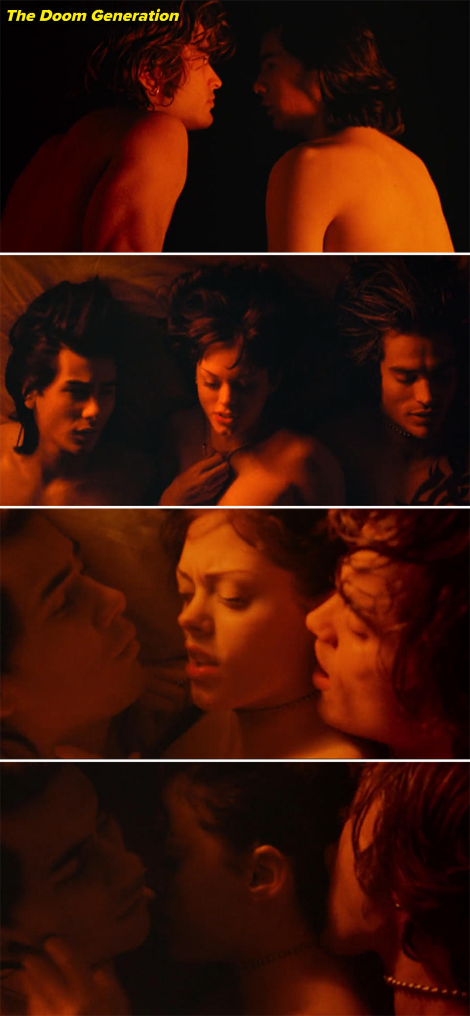 James Duval, Rose McGowan, and Johnathon Schaech are featured in intimate scenes, depicting close and sensual moments between them in "The Doom Generation"