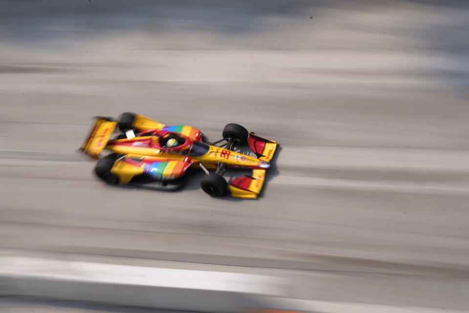 Romain Grosjean, of France, drives during the IndyCar Detroit Grand Prix auto race, Sunday, June 4, 2023, in Detroit. (AP Photo/Carlos Osorio)