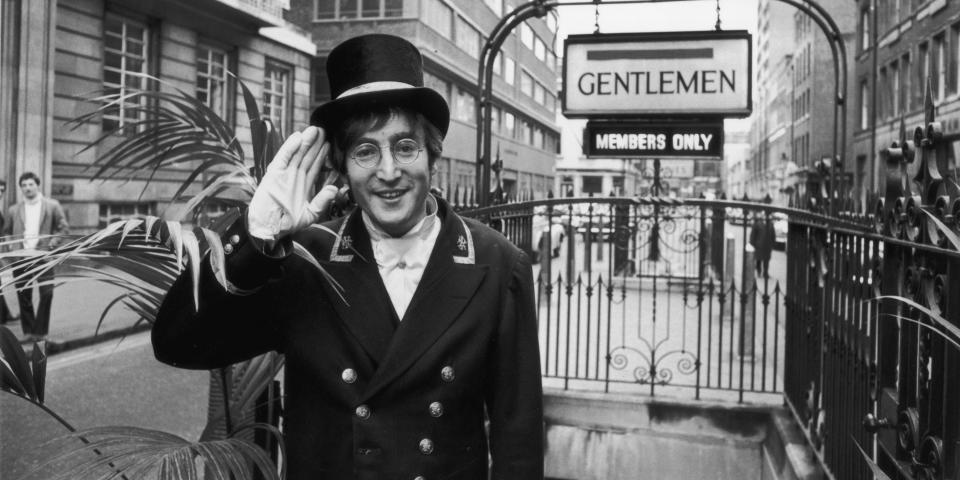 British rock musician and member of The Beatles, John Lennon, dressed as a Public Lavatory Commissionaire during the filming of the 'Not Only...But Also' Christmas Special on November 27, 1966:.