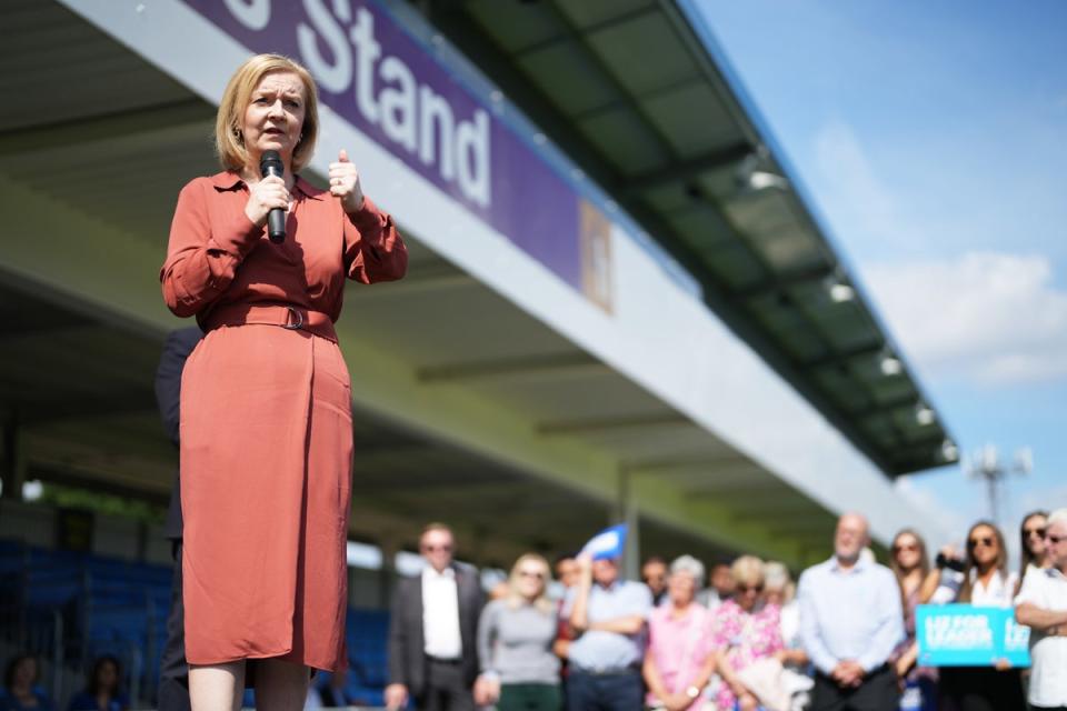 Liz Truss speaks at Solihull Moors FC as part of her Tory leadership campaign (Jacob King/PA) (PA Wire)