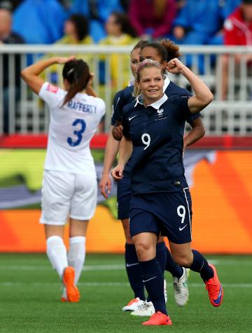 MONCTON, NB - JUNE 09: Eugenie Le #9 of France celebrates her goal in the first half against the England during the FIFA Women&#39;s World Cup 2015 Group F match at Moncton Stadium on June 9, 2015 in Moncton, Canada. (Photo by Elsa/Getty Images)