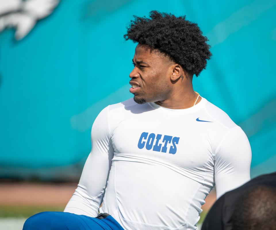 Indianapolis Colts cornerback Kenny Moore II (23) during pregame at TIAA Bank Field in Jacksonville, Sunday, Jan. 9, 2022.