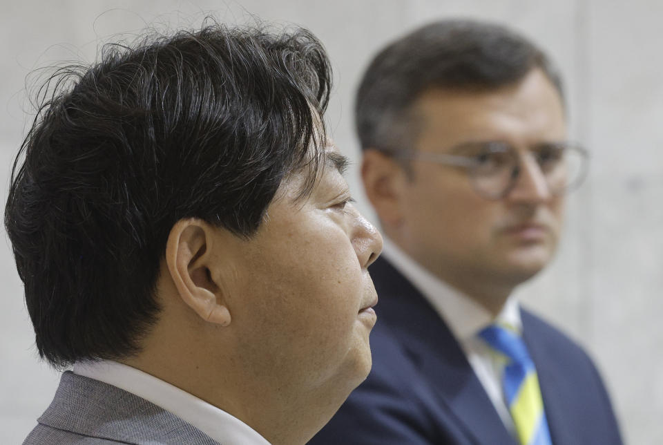 Ukraine's Foreign Minister Dmytro Kuleba, right, and his Japanese counterpart Yoshimasa Hayashi attend a joint press conference in Kyiv, Ukraine, Saturday, Sept. 9, 2023. Japanese Foreign Minister Hayashi arrived in Ukraine's capital for an unannounced visit where he will meet with top Ukrainian officials. (Sergey Dolzhenko/pool via AP)