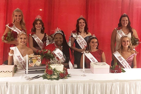 At the Queen's Reception, following Saturday night's 2022 Carnation Festival Queen Pageant, the new queen and her court share a photo with last year's royalty. Pictured (left to right), front row: 2022 First Attendant Chloe Orzo, Queen Kayla Martin, Second Attendant Catarina Hagan and Third Attendant Kenna McElroy. Martin also was Miss Congeniality. Back row: 2021 First Attendant Madeline Davis, Queen Torrie Forrest, Second Attendant and Miss Congeniality Bethany Caruthers and Third Attendant Leah Springer.