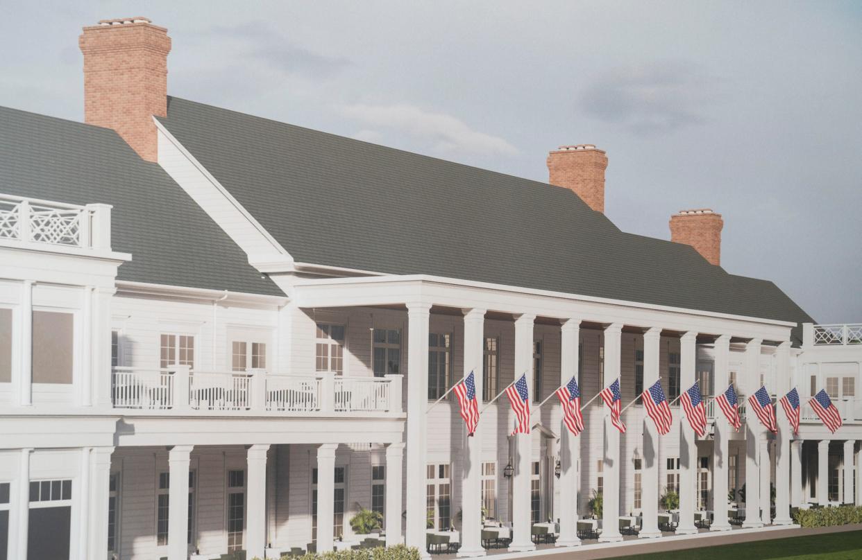 A rendering of the new clubhouse at Oakland Hills Country Club on display before the media took a tour of the renovated South Course on Tuesday, June 18, 2024. The original clubhouse was damaged in a massive fire in February 2022. The club and the USGA will host the 76th U.S. Junior Amateur in July.