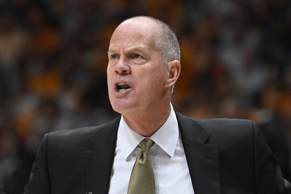 FILE - Colorado head coach Tad Boyle shouts from the bench during the second half of an NCAA college basketball game against Tennessee, Sunday, Nov. 13, 2022, in Nashville, Tenn. Boyle has a chance to become Colorado’s all-time winningest men’s basketball coach Wednesday, Dec. 21, with a victory over Southern Utah. (AP Photo/John Amis, File)