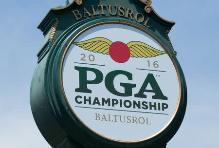 Jul 25, 2016; Springfield, NJ, USA; A sign at the clubhouse entrance during a practice round for the 2016 PGA Championship golf tournament at Baltusrol GC - Lower Course. Bill Streicher-USA TODAY Sports