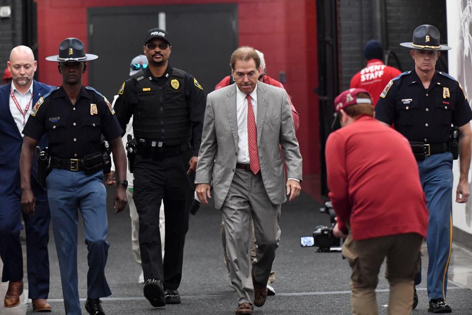 Nov 26, 2022; Tuscaloosa, Alabama, USA;  Alabama head coach Nick Saban walks up the tunnel to the field to do his pregame walk around before the game with Auburn at Bryant-Denny Stadium. Mandatory Credit: Gary Cosby Jr.-USA TODAY Sports