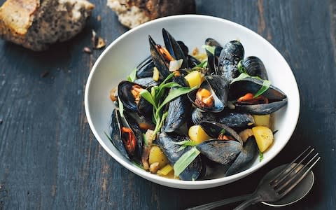 Mussels with bacon, potatoes and tarragon - Credit: Columbus Leth