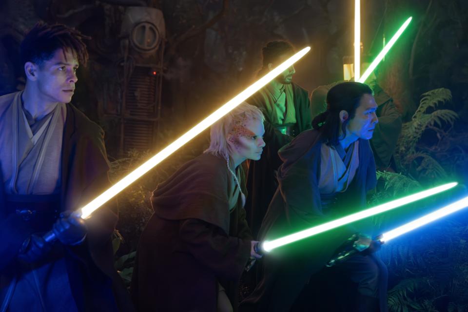 Yord Fandar (Charlie Barnett, far left), Jecki Lon (Dafne Keen) and Master Sol (Lee Jung-jae) take the Jedi into battle in new "Star Wars" series "The Acolyte."