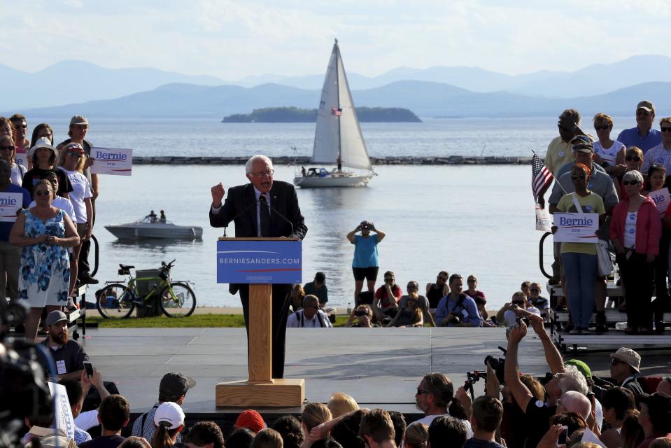 Sen. Bernie Sanders, I-Vt., speaks at a campaign kickoff rally on the shores of Lake Champlain in Burlington, Vt., May 26, 2015. (Brian Snyder/Reuters)