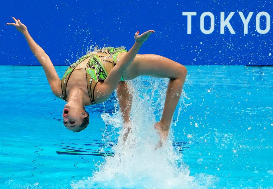 Charlotte Tremble and Laura Tremble (FRA) in the artistic swimming women's duet final on Wednesday, Aug. 4, 2021, during the Tokyo 2020 Olympic Summer Games at Tokyo Aquatics Centre.