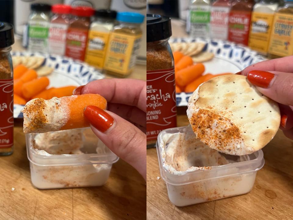 Trader Joe's Sriracha Sprinkle Seasoning Blend on a carrot and cracker. 