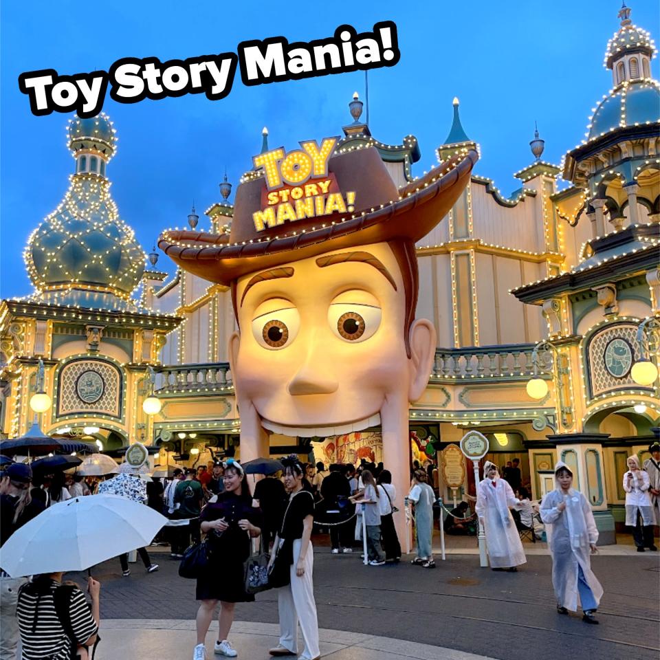 People standing and walking in front of the Toy Story Mania attraction at Tokyo DisneySea, featuring a giant Woody face entrance