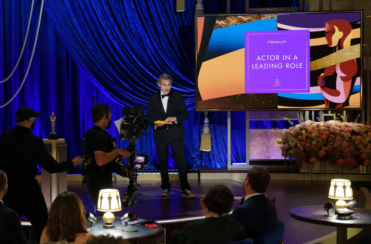 Joaquin Phoenix presents the Oscar for Best Actor in a Leading Role the 93rd Annual Academy Awards at Union Station on April 25, 2021 in Los Angeles, California. 