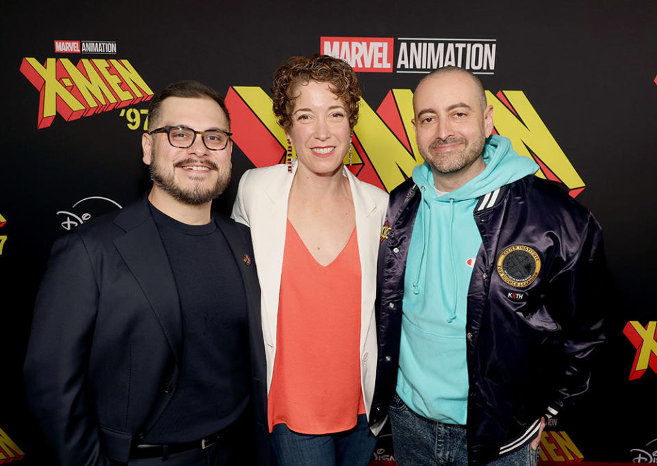 Jake Castorena, Dana Vasquez-Eberhardt and Brad Winderbaum, Executive, Television, Streaming, Animation, Marvel Feature Film Production attend the X-Men '97 Launch Event at El Capitan Theatre in Hollywood, California on March 13, 2024.