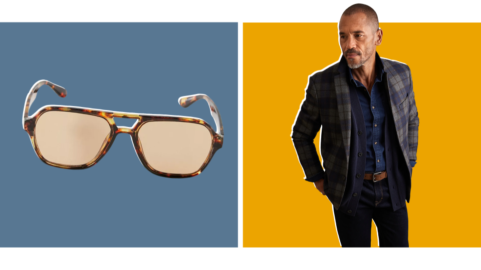 Borrow Luke Jacobson's tailor-made look with 70s inspired glasses and a plaid blazer.