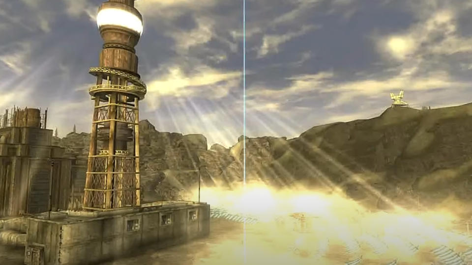 The blue laser beam from the ARCHIMEDES II satellite hitting a structure in the wasteland in Fallout: New Vegas.