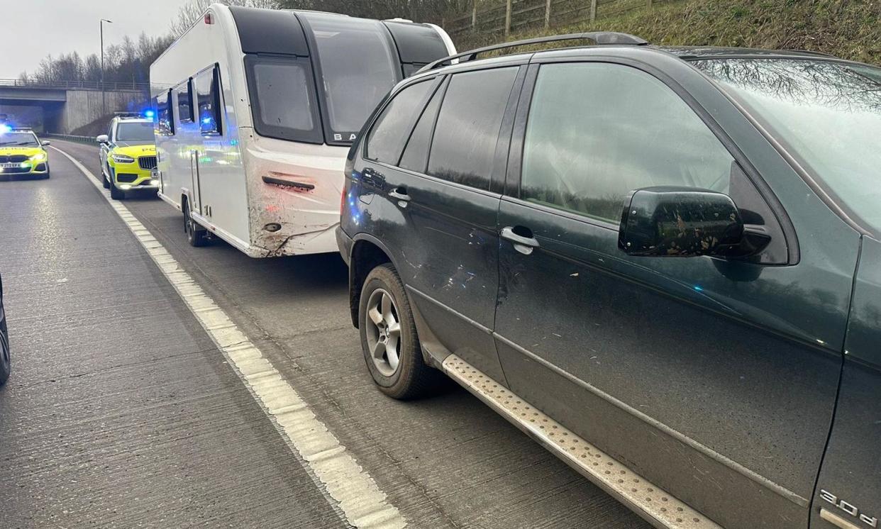 <span>North Yorkshire police intercepted a BMW towing a suspected stolen caravan on Thursday and were staggered to find an 11-year-old boy at the wheel.</span><span>Photograph: North Yorkshire police</span>