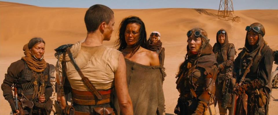 The Vuvalini greet Furiosa in the desert in Mad Max: Fury Road