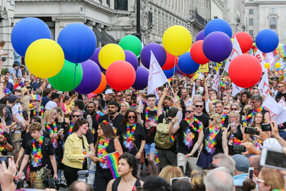 Huge crowd of participants with rainbow colour balloons during the parade. Photo: Dinendra Haria/SOPA Images/LightRocket via Getty Images