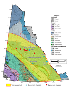 Map depicting location of the Plata Silver Property relative to the Tintina Gold Belt and Epigenetic and Syngenetic  deposits