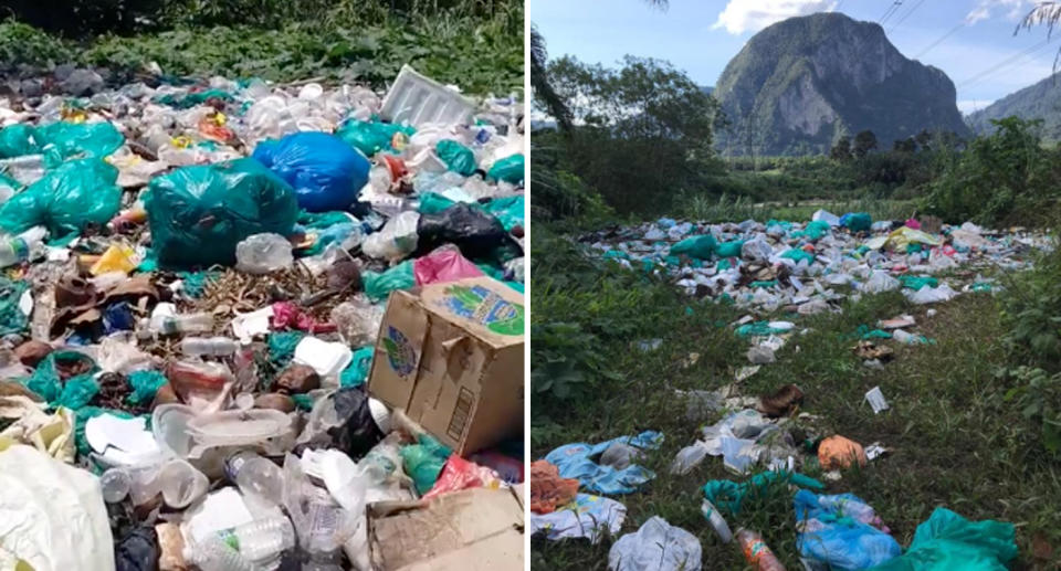 Photos shared by Kovin Siva showing rubbish strewn all over the ground at Sahom Valley Resort in Malaysia.