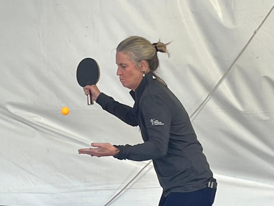 LPGA commissioner Mollie Marcoux Samaan plays in the  the Drive On Ping-Pong Tournament during the LPGA Drive On Championship at Crown Colony Golf & Country Club in Fort Myers on Wednesday.