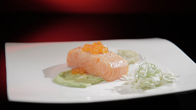 <p>Confit Salmon with Roasted Fennel and Avocado Mousse</p>