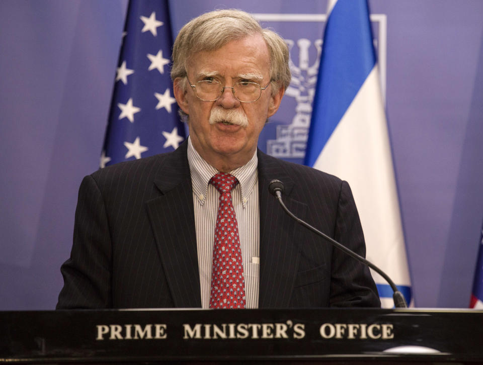 U.S. National Security Advisor John Bolton gives statements to media in Jerusalem, Sunday, June 23, 2019. (AP Photo/Tsafrir Abayov, Pool)