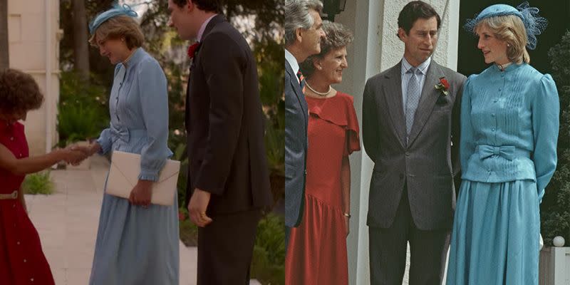 <p>Princess Diana's visit to New Zealand carried a great deal of political weight, so her sartorial choices while meeting Prime Minister Bob Hawke were hugely important. <em>The Crown </em>recreated the blue belted suit dress that Princess Diana wore for her visit, right down to the bow detail on her belt. </p><p><strong>RELATED</strong>: <a href="https://www.goodhousekeeping.com/life/entertainment/g3675/princess-diana-royal-protocol/" rel="nofollow noopener" target="_blank" data-ylk="slk:The Many Ways Princess Diana Broke Royal Protocol;elm:context_link;itc:0;sec:content-canvas" class="link ">The Many Ways Princess Diana Broke Royal Protocol</a></p>