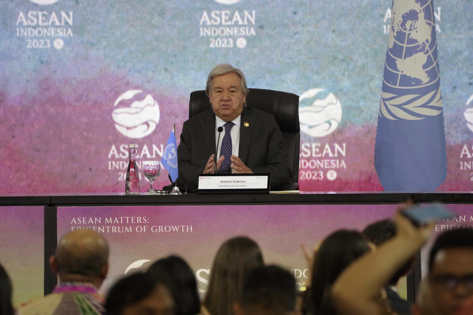 U.N. Secretary-General Antonio Guterres speaks to the media during a press conference on the sidelines of the Association of Southeast Asian Nations (ASEAN) Summit in Jakarta, Indonesia, Thursday, Sept. 7, 2023. (AP Photo/Dita Alangkara)