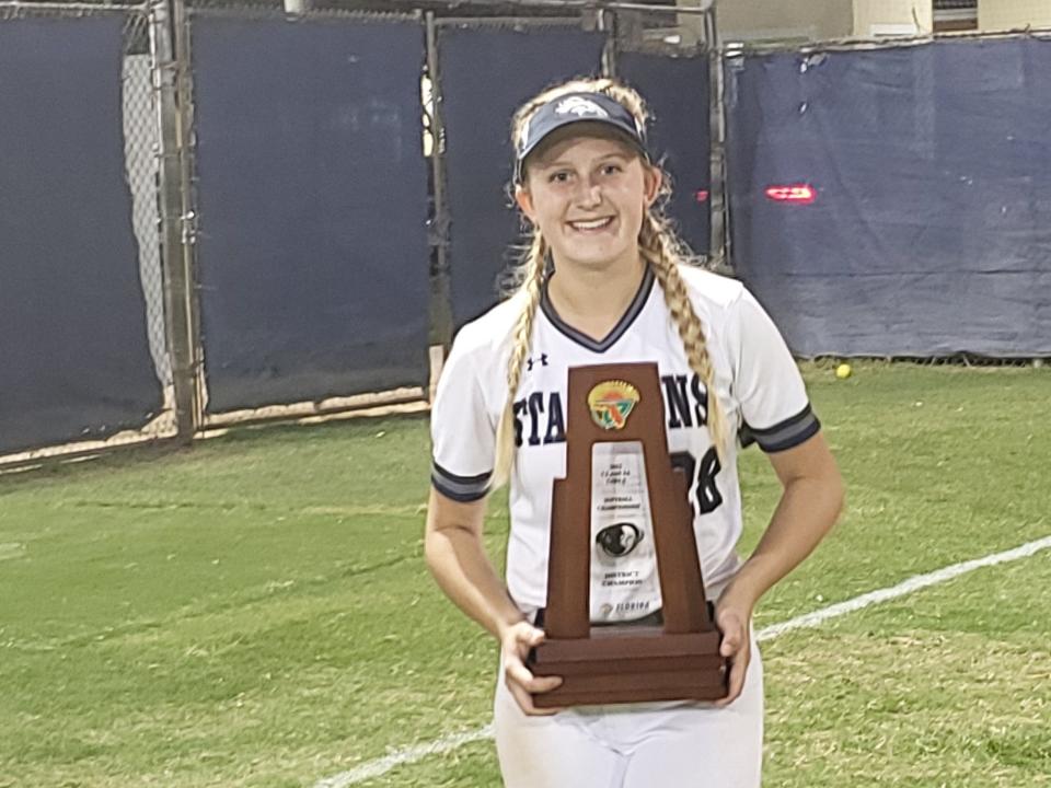 American Heritage-Delray pitcher Aubrey Wurst celebrates the Stallions' district championship on May 5, 2022.