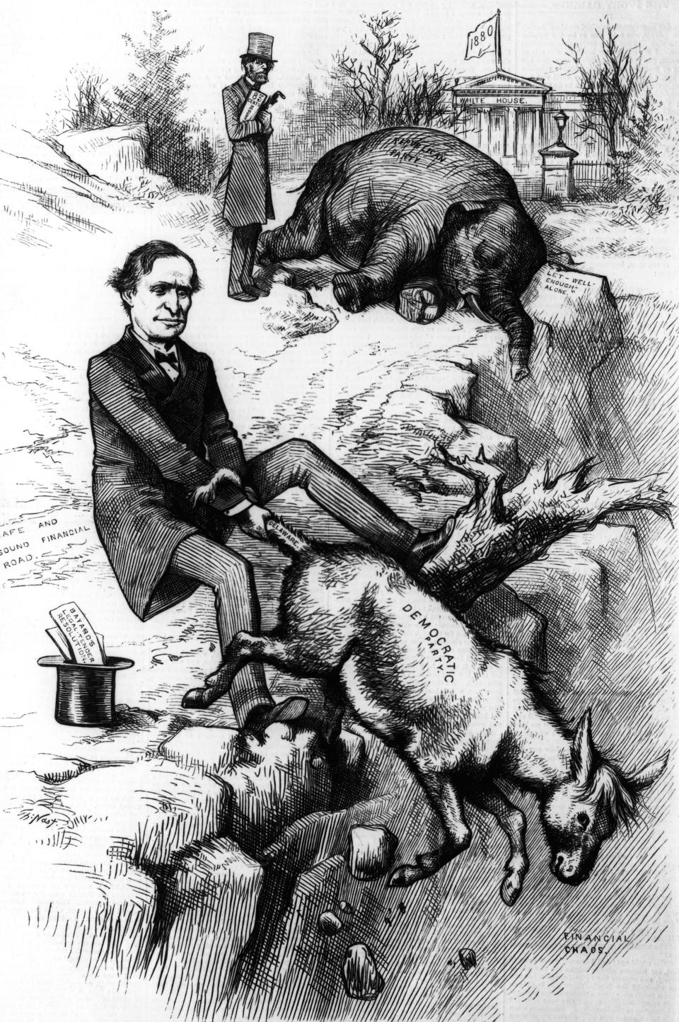 Una de las caricaturas políticas de Thomas Nast en las que en 1879 usó la simbología del burro y el elefante. (Foto: Engraving by Kean Collection/Getty Images)