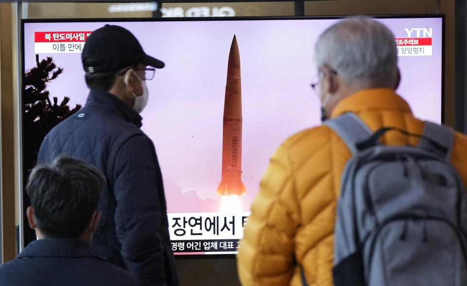 A TV screen shows a file image of North Korea's missile launch during a news program at the Seoul Railway Station in Seoul, South Korea, Thursday, March 16, 2023. North Korea test-launched an intercontinental ballistic missile in a display of military might Thursday just hours before the leaders of South Korea and Japan were to meet at a Tokyo summit expected to be overshadowed by North Korean nuclear threats. (AP Photo/Ahn Young-joon)