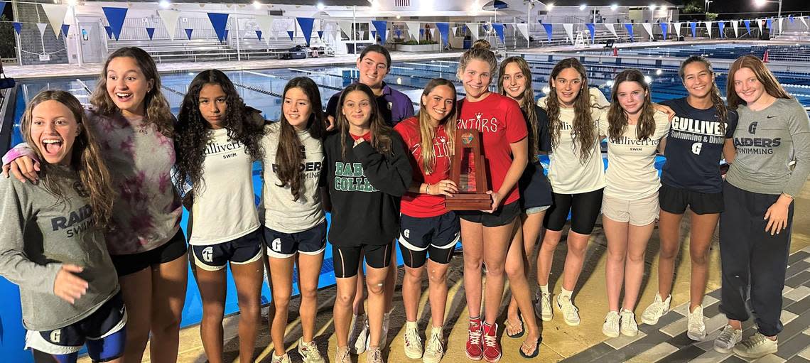 The Gulliver Prep girls’ swim team won the district title.