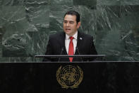 Guatemala's President Jimmy Morales addresses the 74th session of the United Nations General Assembly, Wednesday, Sept. 25, 2019, at the United Nations headquarters. (AP Photo/Frank Franklin II)