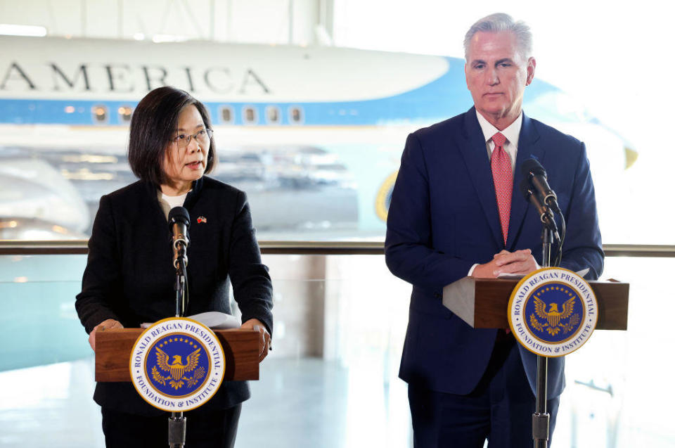 Taiwanese President Tsai Ing-wen) speaks as Speaker of the House Kevin McCarthy looks on at the Ronald Reagan Presidential Library after making statements to the press on April 5, 2023, in Simi Valley, California. / Credit: Mario Tama/Getty Images