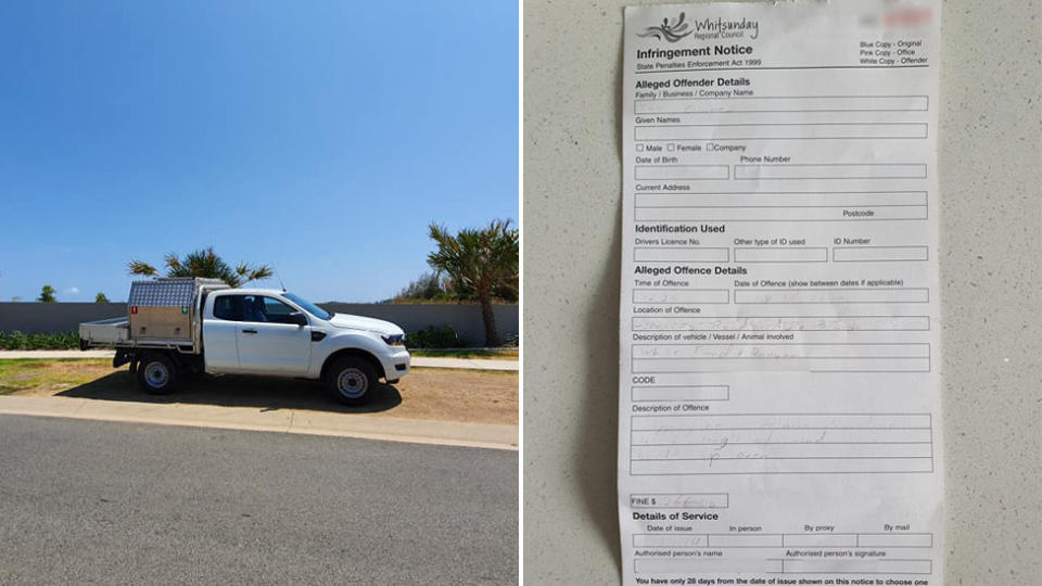 A ute parked off the road, on a nature strip next to a footpath in Cannonvale, the Whitsundays. A parking fine is also pictured.