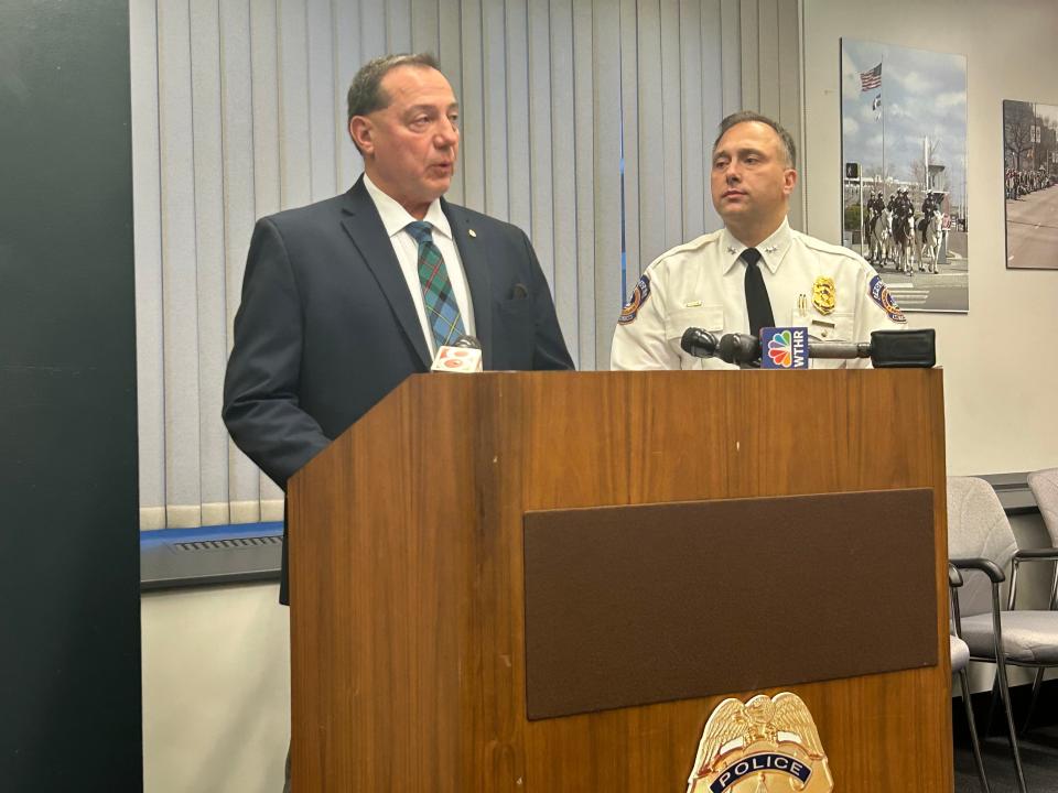 Indianapolis Metropolitan Police Department Homicide Branch Commander Captain Roger Spurgeon, left, speaks about two homicides in the 2100 block of North Mitthoefer Road on the east side of Indianapolis, while IMPD Acting Chief Christopher Bailey stands by on Feb. 2, 2024.