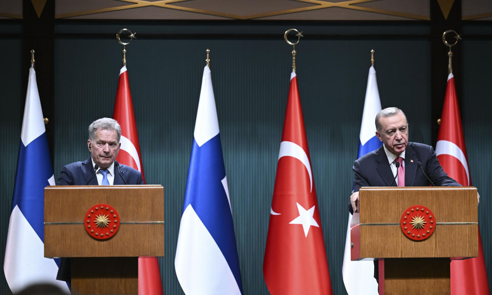 ANKARA, TURKIYE - MARCH 17: Turkish President Recep Tayyip Erdogan (R) and Finnish President Sauli Niinisto (L) hold a joint press conference following their meeting at the Presidential Complex in Ankara, Turkiye on March 17, 2023. (Photo by Emin Sansar/Anadolu Agency via Getty Images)