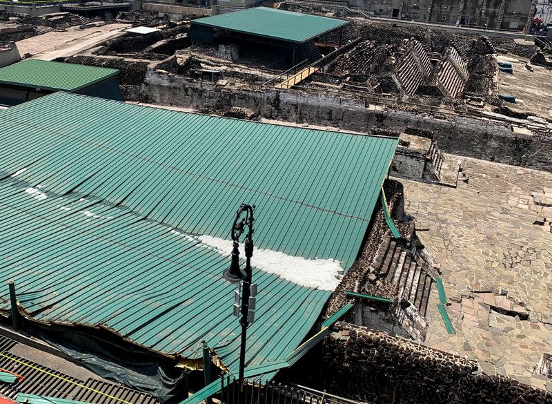 A view shows the collapsed roof that protected the "Casa de las Aguilas", part of the ruins of the Templo Mayor archaeological site, after heavy rain and hail, in downtown Mexico City