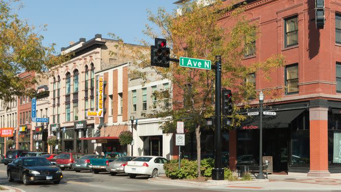 Fargo, North Dakota, USA - Sep 27, 2014: The economically vibrant downtown of Fargo North Dakota, lined with retail shops and entertainment businesses.