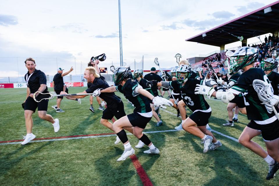 Green Canyon celebrates after winning the 4A boys lacrosse championships at Zions Bank Stadium in Herriman on May 26, 2023. | Ryan Sun, Deseret News