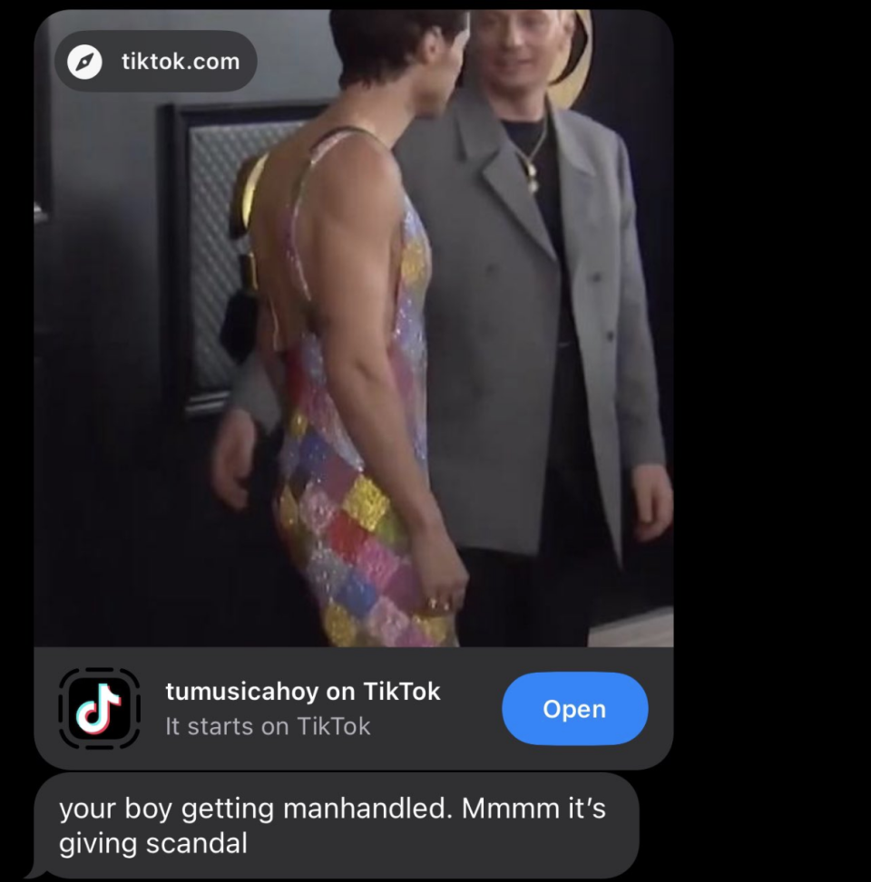 A dad sends a TikTok screenshot of someone with their hand over Harry Styles' butt on a red carpet, and the dad says "your boy getting manhandled, it's giving scandal"